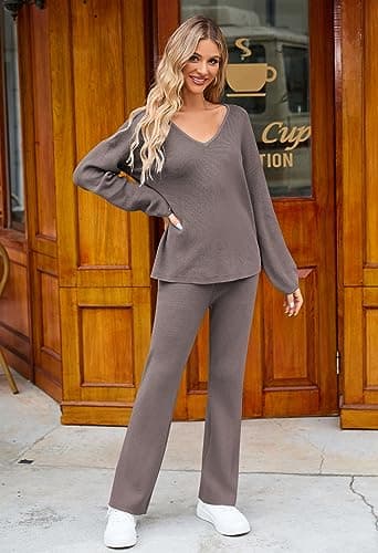 Viottiset Women's 2 Piece Outfits Sweater Lounge Set V Neck Knit Top Wide Leg Pants Sweatsuit Purple Grey L - Image 4