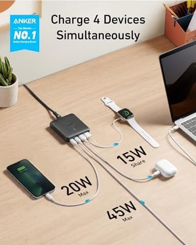 Anker USB C Charger, 543 (65W II), PIQ 3.0 & GaN 4-Port Slim Fast Wall Charger, with Dual USB C Ports (45W Max), for MacBook, Laptops, iPad Pro, iPhone and More - Image 3