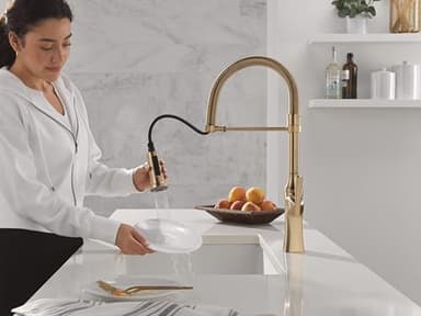 Delta Ermelo Pro Style Commercial Kitchen Faucet with Pull Down Sprayer, Single Hole Brushed Gold Kitchen Sink Faucet, Single Handle, Champagne Bronze 18887-CZ-DST - Image 2