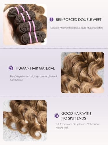 Brown Highlight Body Wave Bundles Human Hair 22 24 26 28 inch 4 Bundles Ombre Blonde Bundles Human Hair Extensions Natural Brazilian Virgin Unprocessed Human Hair - Image 3