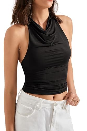 SUUKSESS Women Halter Backless Tank Tops Sexy Cowl Neck Summer Going Out Tops Sleeveless Camisole Top (Black,S) - Image 3