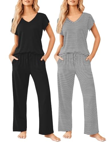 Ekouaer 2 Pack Womens Pajamas Short Sleeve Sleepwear Top with Pants Super-Soft Printed Lounge Sets S-XXL - Image 1