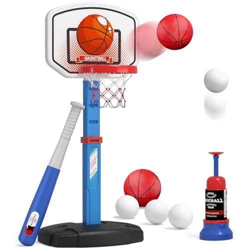 HYES 2 in 1 Kids Basketball Hoop and T Ball Set - Adjustable Height, Kids Baseball Tee with Automatic Pitching Machine, Indoor Outdoor Sport Toys Gifts for Toddler Boys Girls Age 1-5, Blue - Image 1