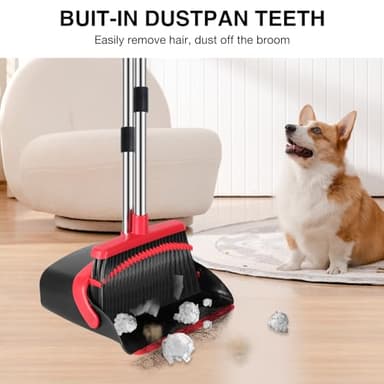 NACENA Broom and Dustpan Set, 52-in Long Adjustable Handle Broom Dustpan Combo with Dustpan Teeth to Automatically Clean Hair Suitable for Home Kitchen Office Hall Floor（Black&Red） - Image 4