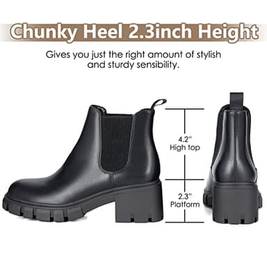 Athlefit Women's Chelsea Boots Fashion Lug Sole Chunky Heel Slip on Elastic Ankle Black Booties Size 9 - Image 3