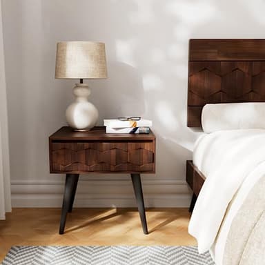 Bme Georgina Solid Wood Nightstands with Drawers - Fully Assembled Rustic Geometric Pattern Bedside Cabinet - Mid Century Modern Side Table for Living Room, Bedroom - Image 7