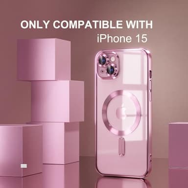 Misea Magnetic for iPhone 15 Case Compatible with MagSafe [Never Yellowing] [Military Grade Drop Protection] Full Camera Lens Protector Plating Soft Clear Phone Case for Women, Pink - Image 2