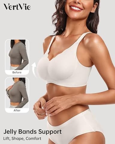 Vertvie Womens Seamless Bras No Underwire Supportive Wireless Push Up Full Coverage Bralette Comfort Scalloped T-Shirt Bra(White,Large) - Image 2