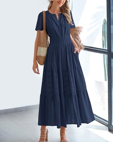 BTFBM Womens Summer 2025 Casual Midi Maxi Dresses Lightweight Short Sleeve V Neck Elastic Waist Boho Beach Dress Pockets(Navy, Large) - Image 2