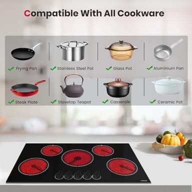 GASLAND Electric Cooktop 36 Inch, 8200W Drop-in Radiant Glass Stove Top CH90BS with 5 Burners, 220-240V Ceramic Electric Stovetop, 7 Power Levels, Mechanical Knob Control, Hot Warning, Hard Wire - Image 7