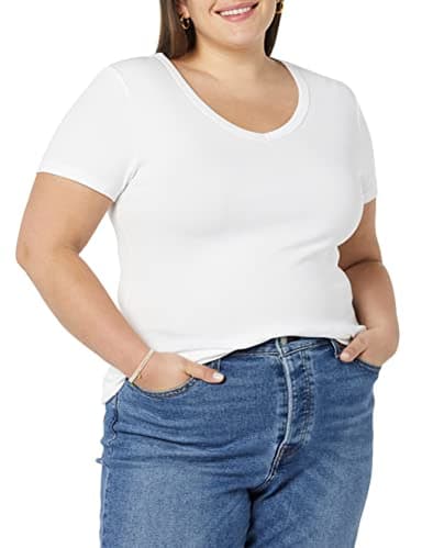 Amazon Essentials Women's Slim-Fit Short-Sleeve V-Neck T-Shirt, Pack of 2, White/Light Camel, XX-Large - Image 3