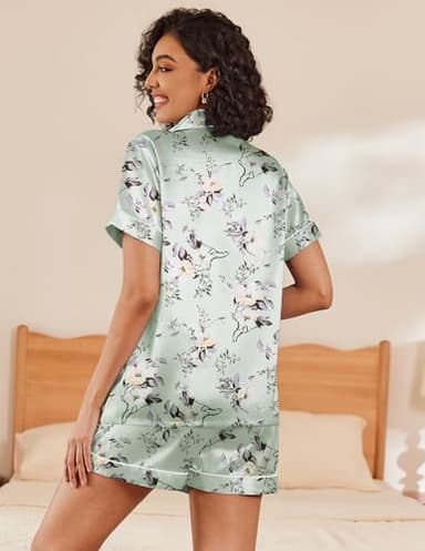 Ekouaer Pajamas Set Womens Silk Soft Sleepwear Satin Short Sleeve Button Up Top and Shorts Nightwear 2 Piece Pjs Set,Floral Light Green,Large - Image 2