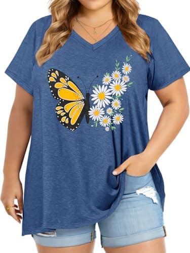 JOELLYUS Plus Size Tops for Women Summer Top V Neck T Shirts Loose Fit Basic Tees Short Sleeve Blouse(Grey Blue Butterfly,2XL) - Image 1