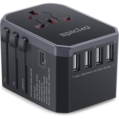 EPICKA Universal Travel Adapter, European Travel Plug Adapter (Not a Voltage Converter) - International Power Adapter Worldwide Charger with USB-C & 4 USB-A Ports, Travel Essentials (TA-105, Grey) - Image 1