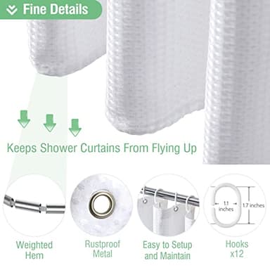 Dynamene White Fabric Shower Curtain， Waffle Weave Heavy Duty Hotel Luxury Cloth Shower Curtains for Bathroom, 72 Inch 256GSM Weighted Bath Curtain Set with 12 Plastic Hooks,72x72 - Image 4
