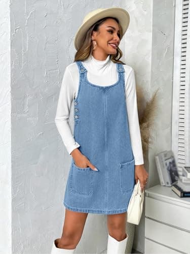 BZB Women's Sleeveless Casual Denim Dress Crewneck Vintage Overall Mini Dress with Pockets (Blue, XX-Large) - Image 5