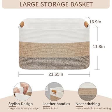 VECELO Large Rope Storage Blanket Basket, 22"x 17"x12" Storage Basket with Handles, Woven Cotton Rope Basket for Storage for Toys, Clothes, Laundry, Pillow, Comforter, Cushions, Gradient Yellow - Image 3