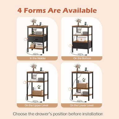 SUPERJARE Nightstand with Charging Station, Bed Side Table with Adjustable Fabric Drawer, Night Stand for Bedroom, 3-Tier Storage End Table, for Living Room, Rustic Brown and Black - Image 5