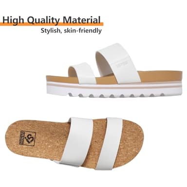 Ustogi Flatform Platform Sandals Women Arch Support Beach Slides Orthotic Summer Causal Cork Footbed Lightweight Thick Sole Comfortable Fashion Slip on Cushion Cute 2 Strap 01(9, White) - Image 3