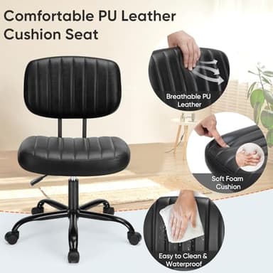 DUMOS Armless Office Desk Chair, Small Height Adjustable Computer Task Chair with Low Back Lumbar Support and 360° Swivel Rolling Wheels for Small Space, Kids and Adults, Dark Black - Image 3