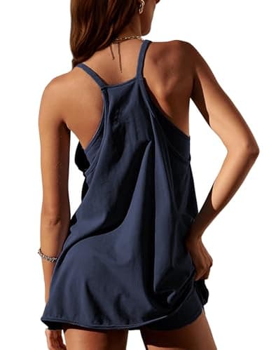 Lentta Womens Athletic Sleeveless Mini Dress with Built-in Shorts V Neck Spaghetti Strap Sundress(DarkBlue-XS) - Image 2