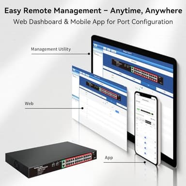 STEAMEMO 24-Port Managed Gigabit PoE+ Switch | 24×PoE+ Ports@360W, 2×Gigabit Uplinks, 2×SFP | VLAN, QoS, Port Mirroring | Metal Casing, Plug & Play | Overload Protection w/ Port - Image 4