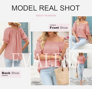 EVALESS Spring Tops for Women Trendy 2025 Business Casual Outfits Summer Short Sleeve T Shirts Sexy Off The Shoulder Blouses Work Clothing Pleated Peplum Tunic Tops Womens Pink Shirts, Large - Image 5