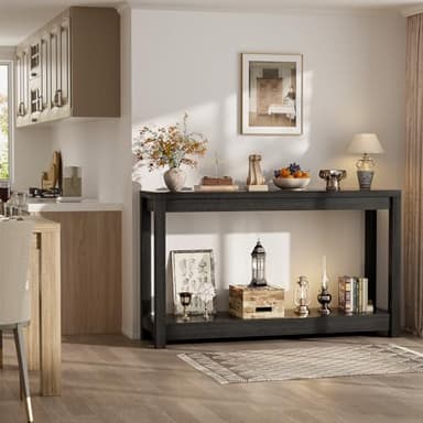 Besiost 47" Farmhouse Wood Entryway Table Narrow Console Table with Storage Behind Couch Sofa Table with Shelves for Entry Way with Open Storage, Easy Assembly, Embossed Wood Grain Black - Image 6