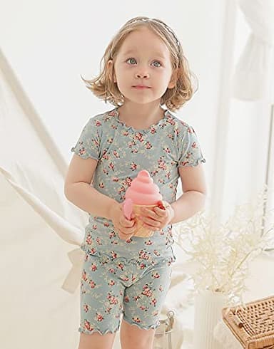 Vaenait Short Sleeve Summer Sleepwear Pajamas 2pcs Set Shirring Lacy Blue-Short M - Image 3