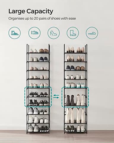 SONGMICS Shoe Rack, 10 Tier Shoe Shelf, Shoe Storage Organizer, Space-Saving, 11 x 17.7 x 68.1 Inches, Metal Frame, Non-Woven Fabric Shelves, for Entryway, Bedroom, Black ULSH010B02 - Image 5