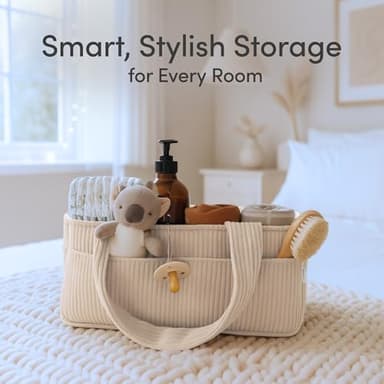 PUTSKA Baby Diaper Caddy Organizer for Changing Table – Stylish Nursery Storage Basket, Newborn Essentials, Baby Shower Gifts and Registry Must-Haves for Boy or Girl, Car Diaper Caddy, Corduroy Cream - Image 2