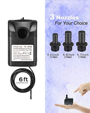 SongLong Submersible Pump 400GPH (1500L 25W) Ultra Quiet with Over Heating Protection 6.5ft High Lift for Fountains, Hydroponics, Ponds, Aquariums & More…… - Image 5