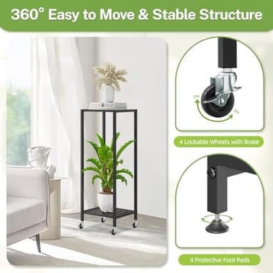 iDavosic.ly 2 Tier Plant Stand Indoor with Wheels, Metal Flower Holder Shelf Outdoor for Large Pots, Tall Corner Vertical Rolling Rack for Patio Porch Garden Balcony Living Room, Modern Black - Image 3