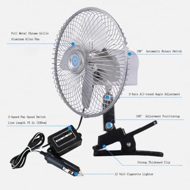10-Inch Silver Cigarette Lighter Fan, Two-Speed Adjustment, 360-Degree Rotation Truck Fan, Clip-On Design 12 Volt, Perfect for Cars, Trucks, RVs and More(Cord Length 6.56FT) - Image 4