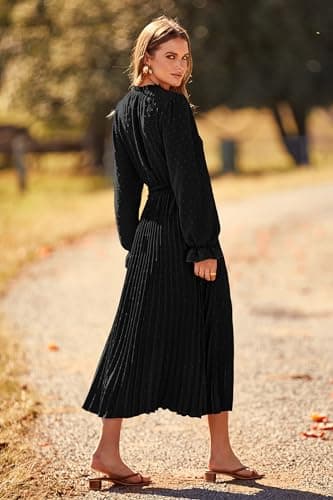 PRETTYGARDEN Women's 2025 Spring Fall Midi Dress Casual Long Sleeve V Neck Swiss Dot Pleated A Line Flowy Dresses (Black,Medium) - Image 2