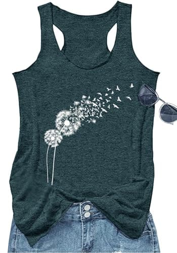Womens Dandelion Graphic Tank Tops Teen Girls Loose Tanks Vest Cute Floral Vintage Clothes Casual Racerback Tank Cami (Dark Green1, XL)