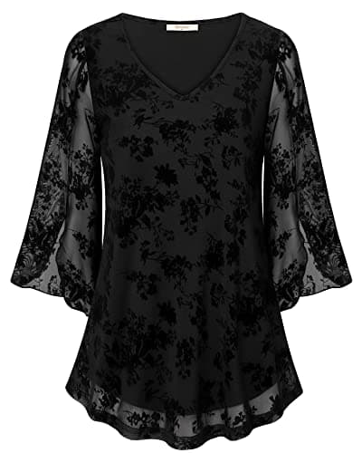 Bebonnie Womens Blouses and Tops Dressy, Bell Sleeve Tops for Women Spring Summer V Neck Business Casual Dress Shirts for Work Office Wear Sheer Swing Blouses Loose Fit Flowy Tunics Black Floral XL - Image 1