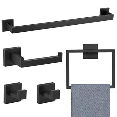 5 Pieces Bathroom Hardware Accessories Set Black Towel Bar Set Towel Holder Racks Set for Bathroom,SUS304 Stainless Steel,Wall Mounted 23.6-Inch - Image 1