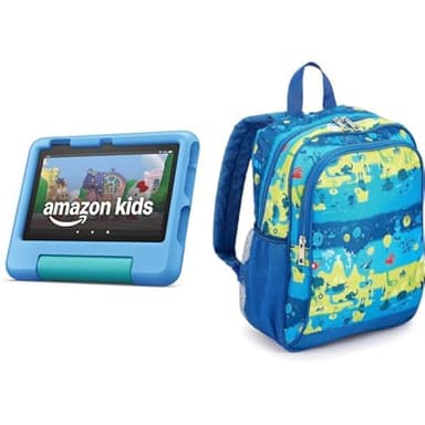 Amazon Fire 7 Kids tablet, ages 3-7 (16GB, Blue) + Backpack Bundle - Image 1