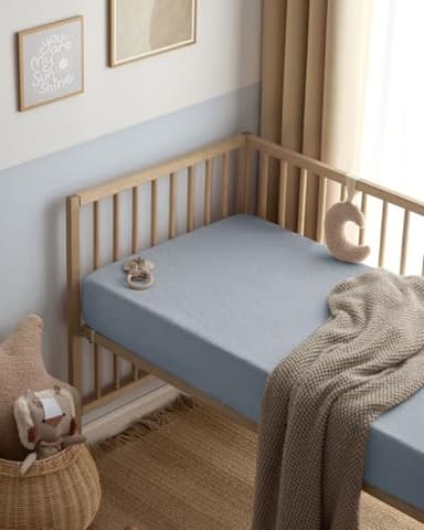 Blissful Diary Muslin Mini Crib Sheets, Pack and Play Mattress Sheets Fitted for Pack N Play, Soft Cotton for Boys Girls, 2 Pack(Light Blue&Grey) - Image 7