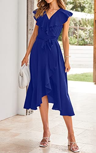 PRETTYGARDEN Women's Summer V Neck Ruffle Cross Tie Maxi Dress Solid Color Flutter Sleeve Holiday Dresses for Women 2025 (Blue,Medium) - Image 3