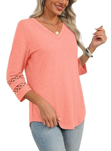 3/4 Length Sleeve Womens Tops and Blouses Lace Sleeve V Neck Tshirts Spring Outfits for Women 2025 Beach Vacation Clothes Coral L - Image 4