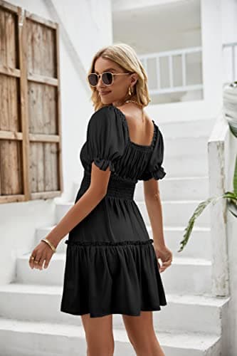 Heysolo Womens Square Neck Mini Dress Casual Short Sleeve Empire Waist Smocked Summer Babydoll Dresses - Image 6