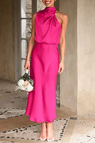 PRETTYGARDEN Women's 2025 Summer Satin Dress Elegant Sleeveless Mock Neck Cocktail Party Maxi Dresses (Rose Red,Small) - Image 2