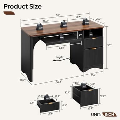 Bestier Computer Desk with Keyboard Tray, 55 inch Office Desk with Power Outlet, Modern Home Office Desk with File Drawer (Walnut with Black, 55" W with Single-Sided Drawers) - Image 2