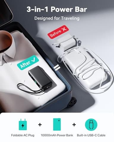 INIU 3-in-1 Portable Charger, 10000mAh 30W Fast Charging Power Bank, Built-in USB C Cable and Foldable AC Plug, Travel Essentials Battery Pack for iPhone 17 16 15, Samsung S25 S24, MacBook, and More - Image 2