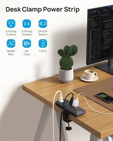 TROND Desk Clamp Power Strip - 1700J Surge Protector with 7 Outlets, Desktop Edge Mount Extension Cord, Fit 1.97" Tabletop, 6FT Flat Plug for Teacher Must Haves, Office, ETL List, Black - Image 3