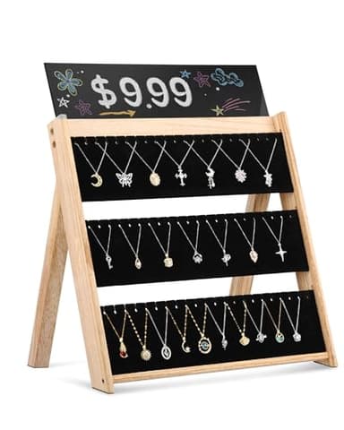 Bulado Necklace Display for Vendors, 3 Tier Foldable Jewelry Display Stand with 66 Slots, Wooden Chain Necklace Holder with Velvet for Selling, Jewelry Storage Organizer for Craft Show - Image 1