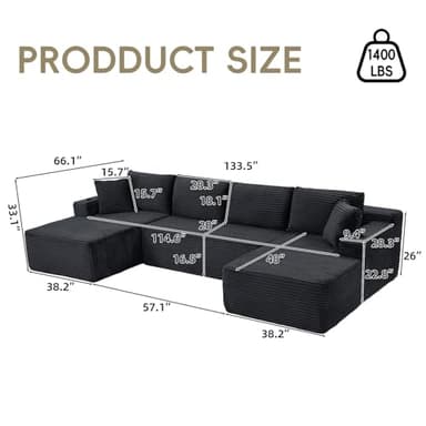 134 Inch Cloud Sectional Couch for Living Room,Corduroy Boneless Couches with Cup Holder,Modern Modular Sectional Sofa with Deep Seat,No Assembly Required (Dark Gray, U-Shaped Sofa) - Image 2