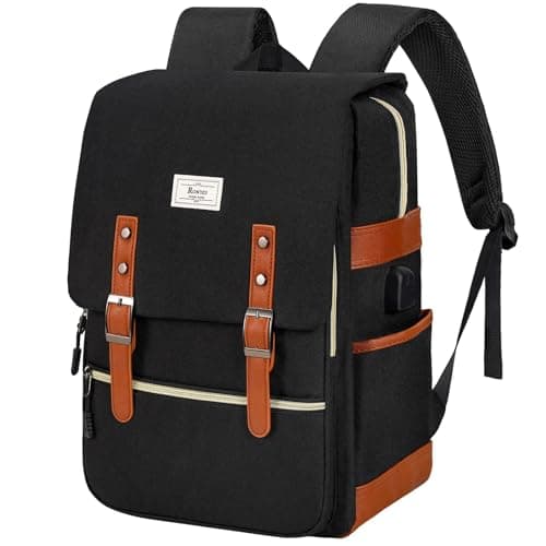 Ronyes Vintage Laptop Backpack for Women Men,15.6 inch Bookbag Casual Daypack with USB Charging Port for College Work, Black Backpacks - Image 1